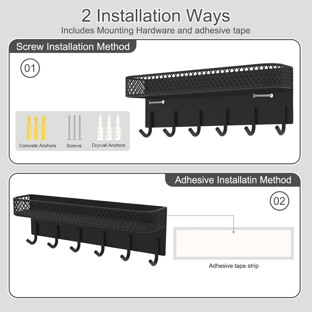 Key Holder for Wall – Decorative Stainless Steel Key Hanger with 6 Hooks for Hats, Bags, Leashes – Mail Holder Key Rack with Mounting Hardware and Guide (9.65” x 2.8” x 2.2”) (Black)