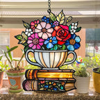Floral Tea Cup and Books Acrylic Suncatcher Stained Glass Effect Window Car - Image 4