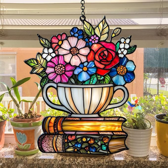Floral Tea Cup and Books Acrylic Suncatcher Stained Glass Effect Window Car - Image 4