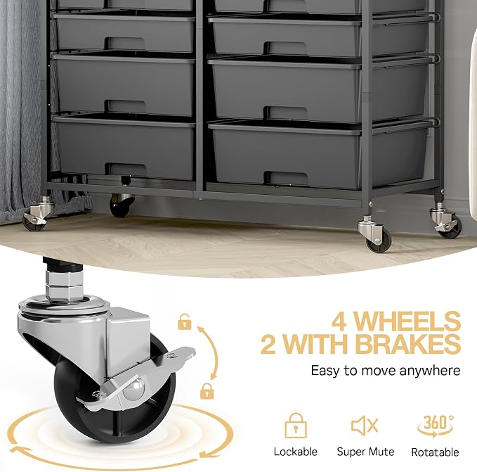 Rolling Storage Cart with 12 Drawers, Wooden Tabletop Utility Cart - Image 5