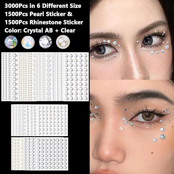 3000Pcs Self Adhesive Pearls and Rhinestones Stickers, Stick on Rhinestone Hair - Image 2