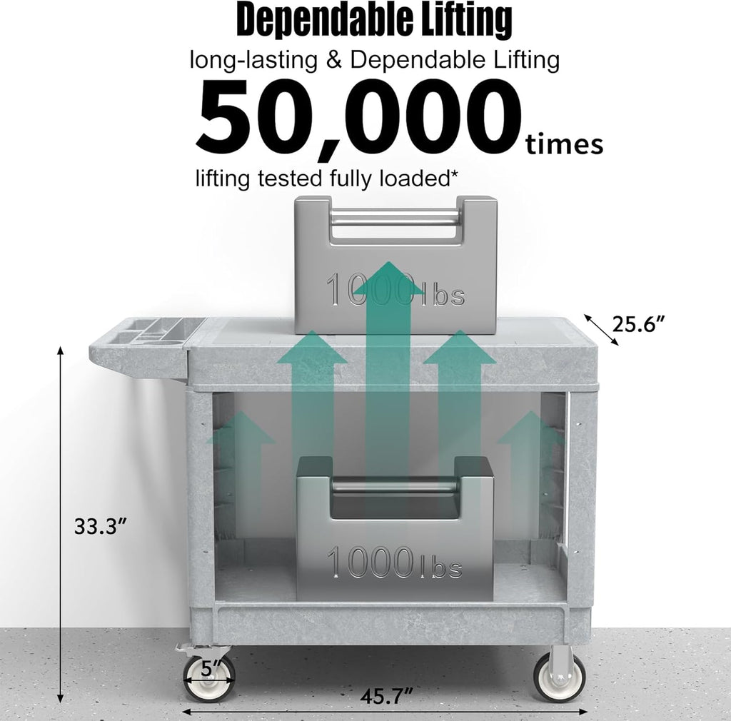 Utility Cart on Wheels, Heavy Duty Large Flat Top Rolling Service Cart, 46 x 25 Inch Work Carts, 2 Shelf 1000 lbs Capacity Plastic Tool Cart, for Warehouse, Garage, Cleaning, Gray