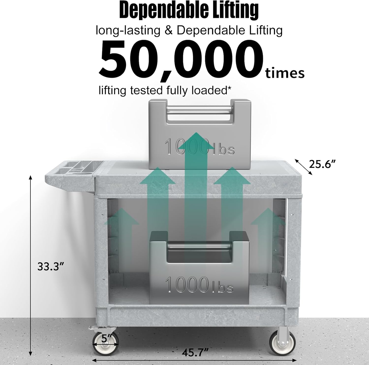 Utility Cart on Wheels, Heavy Duty Large Flat Top Rolling Service Cart, 46 x 25 Inch Work Carts, 2 Shelf 1000 lbs Capacity Plastic Tool Cart, for Warehouse, Garage, Cleaning, Gray