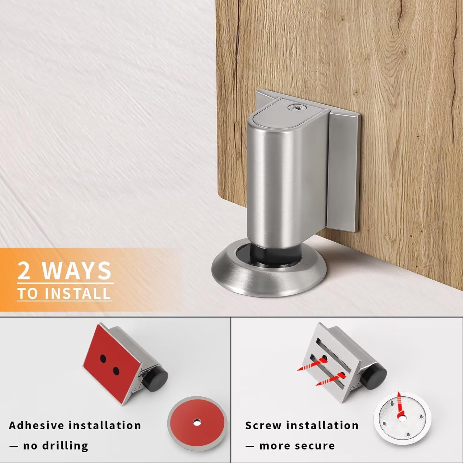 Bak Bo Magnetic Door Stoppers 2 Pack Bottom of Door Holder Keep Door Open No Drilling Magnet Floor Door Stop with Screws and Adhesive Brushed Nickel DS268BN-2