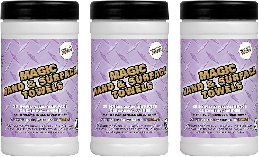 Magic Heavy Duty Cleaning Wipes - Single Sided Hand & Surface Shop Towels | Professional-grade Cleaning | Waterless | Moisturizing | Cleans Grease, Oil, Dirt, & more (3 Pack | 75 Sheets Total)