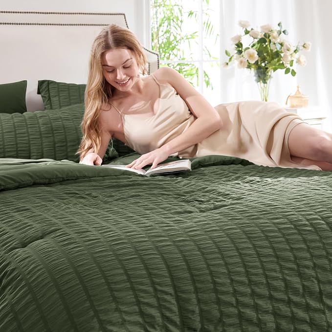 CozyLux Queen Comforter Set Olive Green Seersucker 7 Pieces Bed in a Bag Queen - Image 3