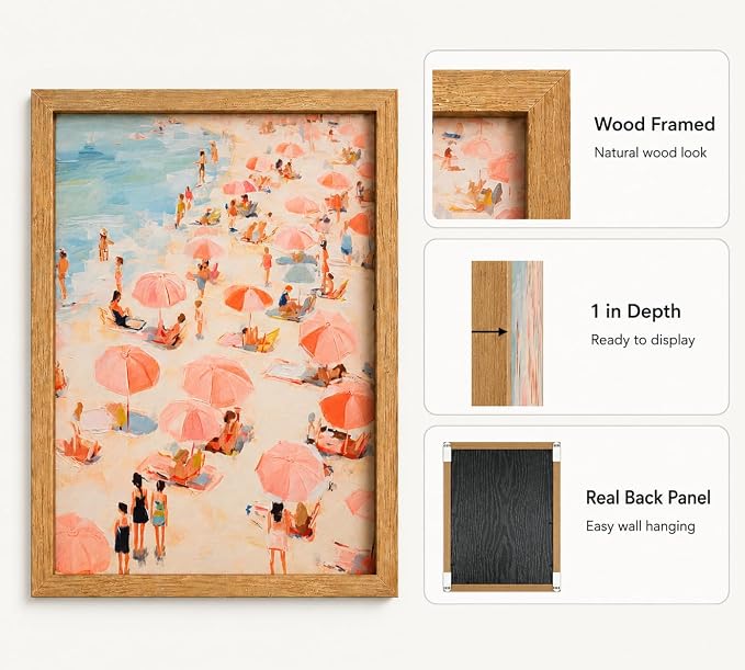 Framed Pink Beach Umbrella Canvas Wall Art, Coastal Painting Picture Wall Decor - Image 4