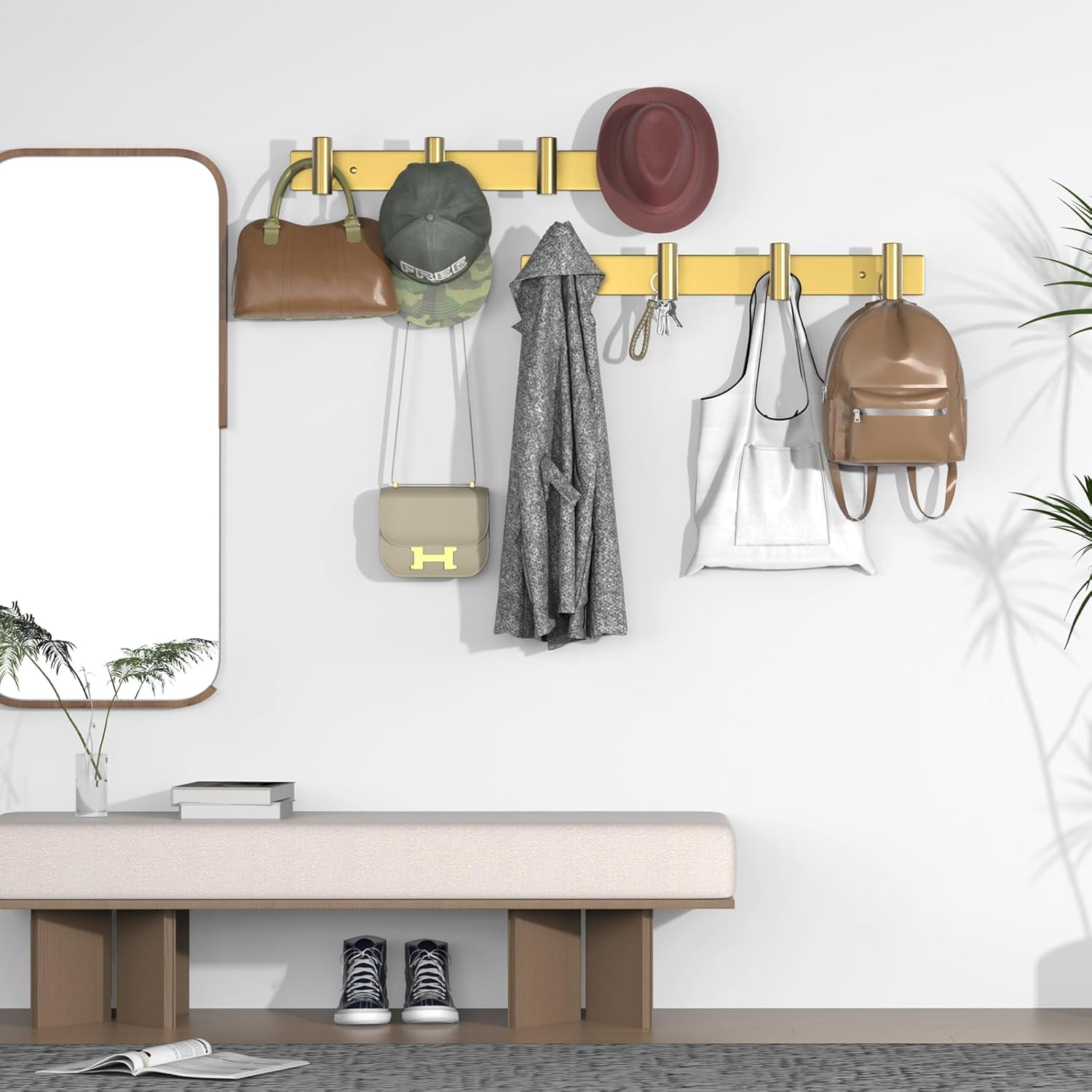 VAEHOLD Hat and Coat Wall Mount Rack - Hooks for Robes, Bags, Keys, and Towels - Bathroom Towel Hanger Organizer (Gold, “T“ Shape 4 Hooks 2 Pack)