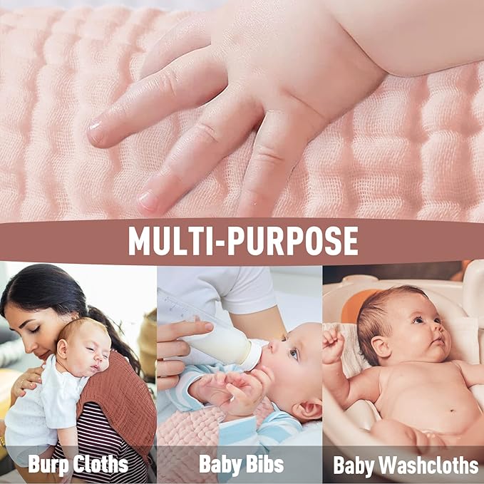 Yoofoss Muslin Burp Cloths for Baby 10 Pack 100% Cotton Baby Washcloths for Boys Girls Large 20''X10'' Super Soft and Absorbent Gradient Pink
