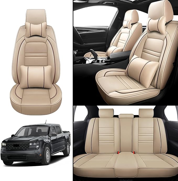Car Seat Covers for Ford Maverick 2022-2025 | 5-Seats Seat Covers, Waterproof Seat Protectors, Automotive Seat Covers (Full Set with Pillow,Beige)