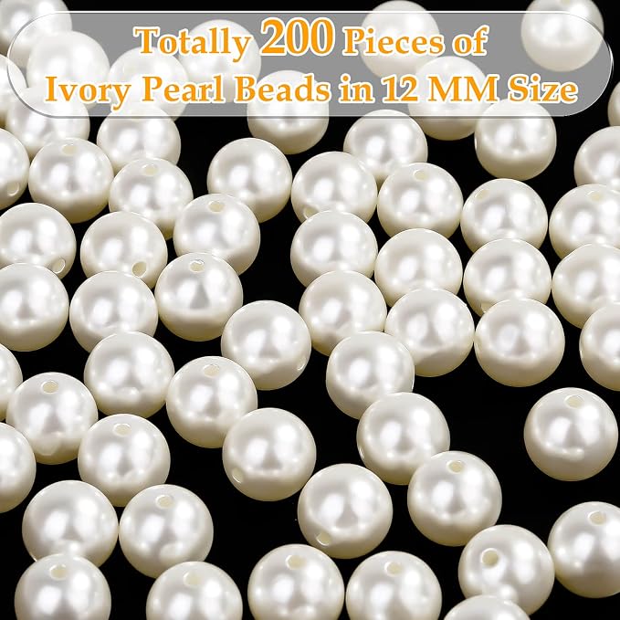 Pearl Beads for Craft, Anezus 200pcs Ivory Faux Fake Pearls, 12 MM Sew on Pearl - Image 4