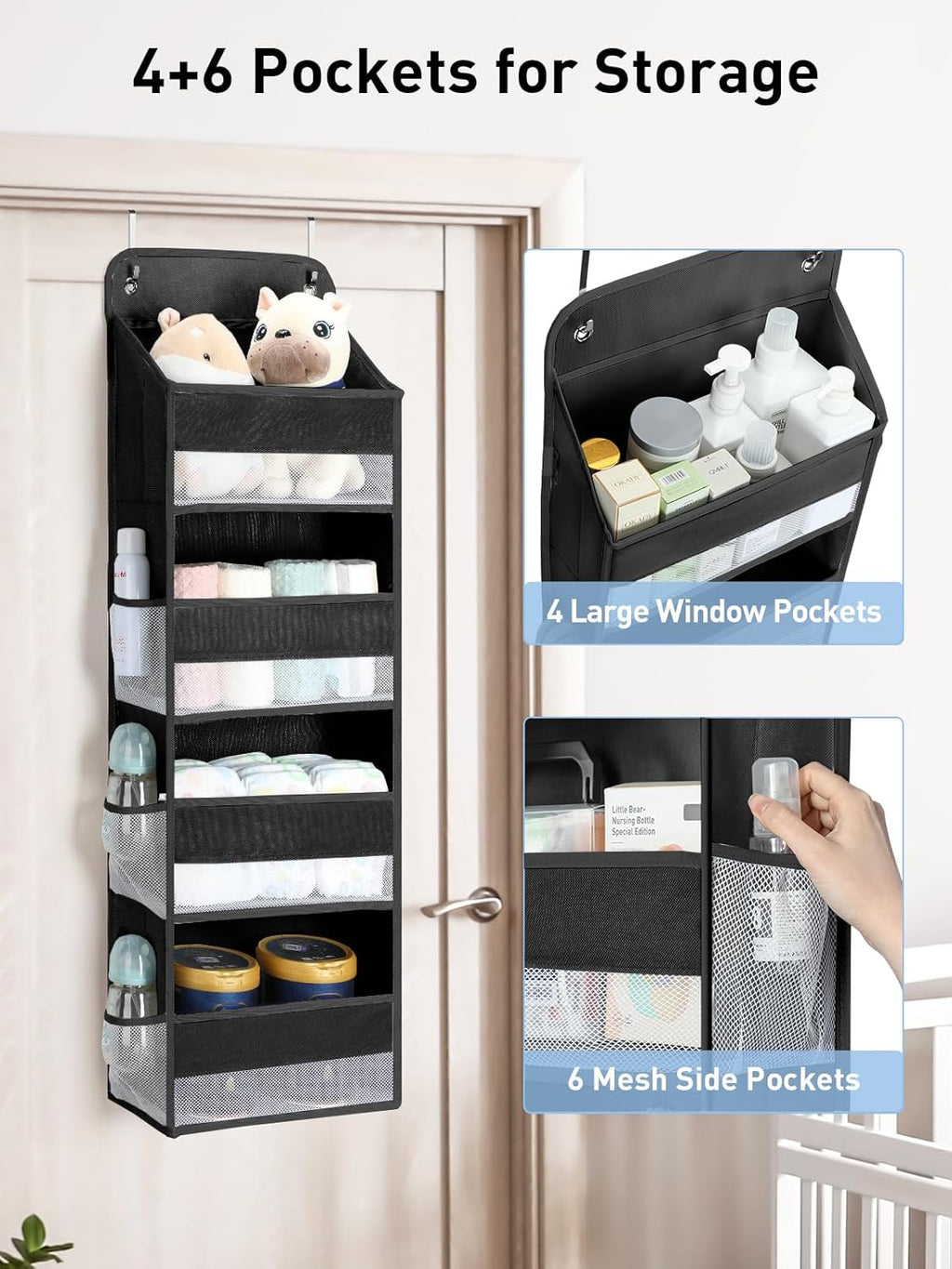 Yecaye 1 Pack Over the Door Organizer, 35.2lbs Load Toy Stuffed Animal Storage, Swing-proof Hanging Bathroom Organizers and Storage for Nursery Newborn Baby Essential Stuff Black