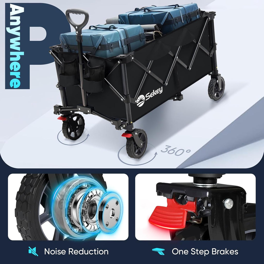 Sekey Collapsible Foldable Wagon with 330lbs Weight Capacity, Heavy Duty Folding Wagon Cart with Big All-Terrain Wheels & Drink Holders. Black