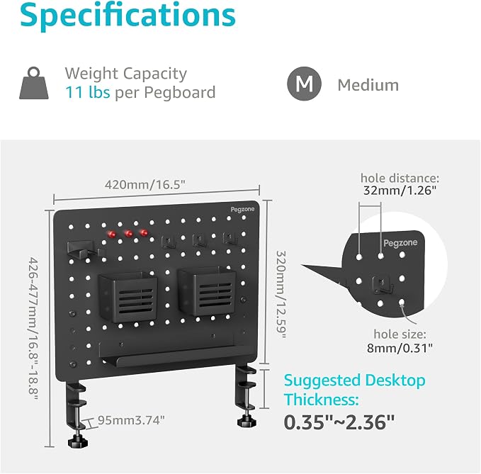 PEGZONE Clamp on Desk Pegboard, 16.5" x 12.6", - Image 6