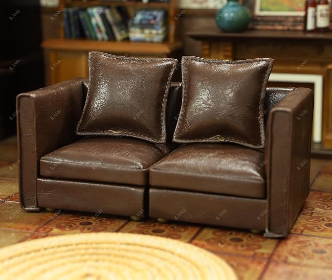 iLAND Dollhouse Furniture Sectional Dollhouse Couch Set Brown Faux Leather Sofa - Image 7