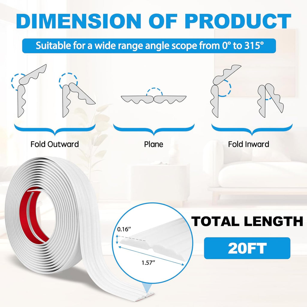 Wall Corner Protector Peel and Stick Corner Trim Molding Flexible Inside & Outside Wall Edge Guard Self Adhesive Moulding Trim for Edge Use, White, 1.6” W x 20’ L