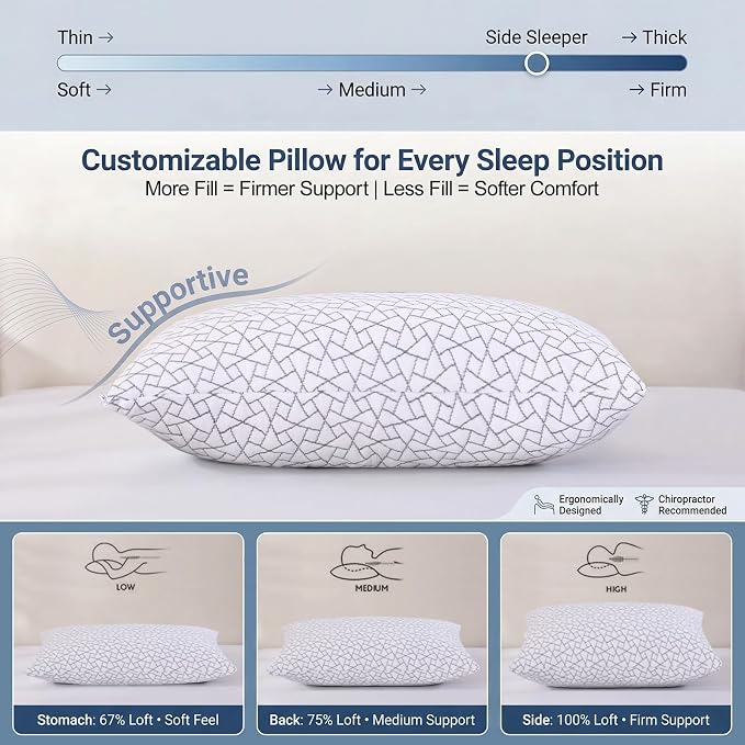 Meoflaw Adjustable Memory Foam Pillows: 2 Pack Queen Size Shredded Foam Bed - Image 6