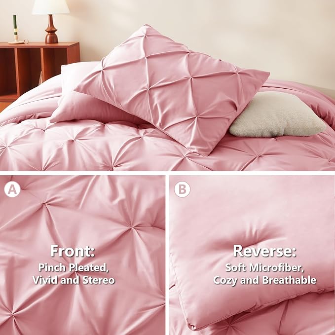 HIMEET Pintuck Bed in a Bag, 7 Pieces Queen Size Comforter Set Pink, Luxury - Image 3
