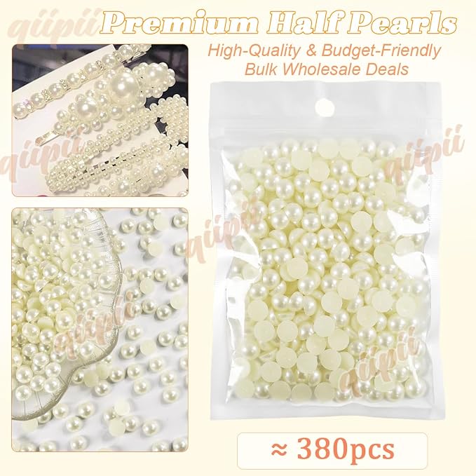 qiipii 380PCS 8mm Beige White Round Half Round Pearls - Image 2