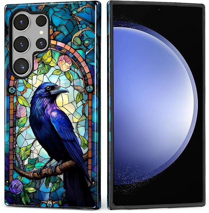 for Samsung Galaxy S23 Ultra Case, Crow Faux Stained Glass Pattern Glossy 2 in by Teonvpu