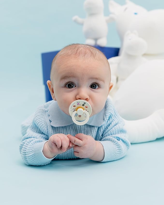 BIBS Colour Moomins Pacifier 2-Pack, BPA Free Pacifier, Round Nipple. Natural Rubber Latex, Made in Denmark, Size 1 (0-6 Months), Breeze/Deep Space