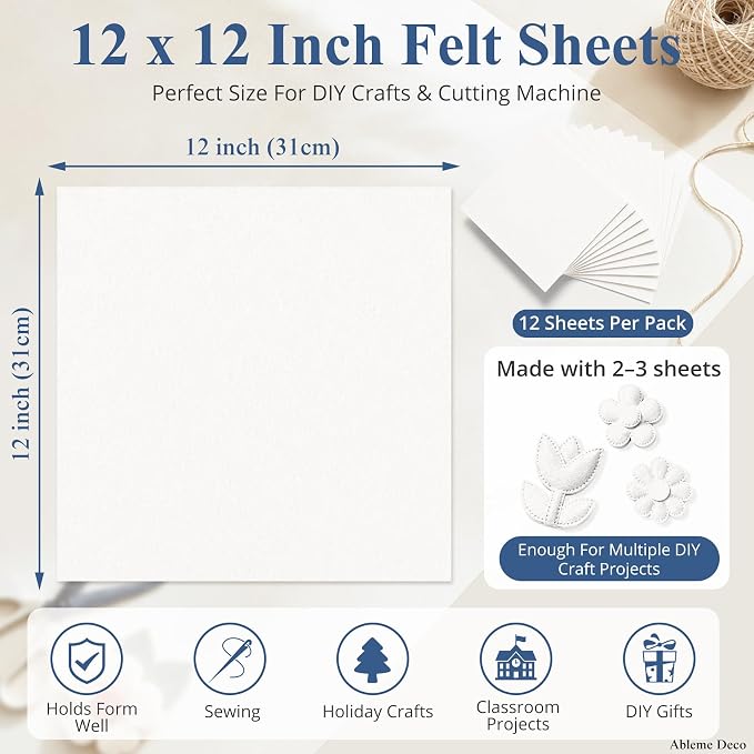 12" x 12" Felt Sheets for Crafts, 2mm Stiff Felt Fabric, Ivory | 2mm Thick - Image 3