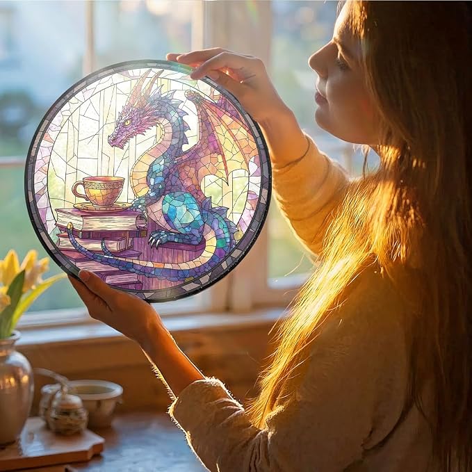 Greatingreat Dragon Stained Glass Window Hanging, Home Room Decor 7.8 Inch Sun - Image 2