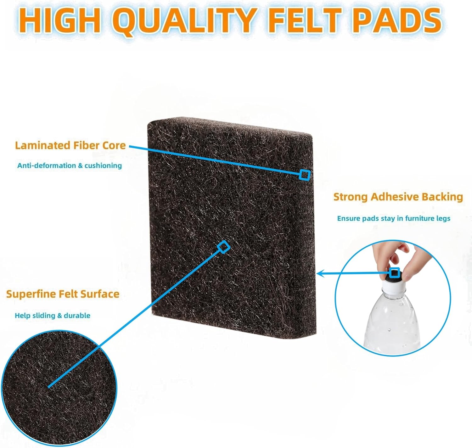 Furnigear Felt Furniture Pads for Hardwood Floors - Self Adhesive Chair Felt Pad, Floor Protector for Furniture Feet, Furniture Sliders Moving Furniture Smoothly, Anti Scratch 96 Pcs 3/4" Square Brown