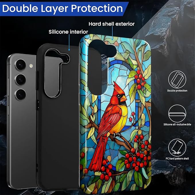 for Samsung Galaxy S23 Case, Stained Glass Cardinal Bird Pattern Glossy 2 in 1 - Image 3