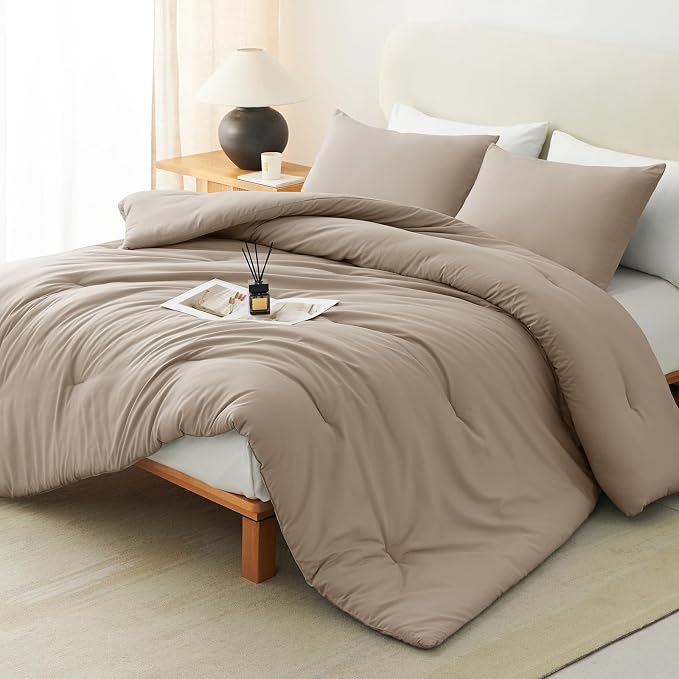 CozyLux Full Size Comforter Set Khaki, 3 Pieces Solid Breathable Quilted by CozyLux