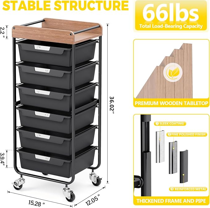 SYKIARIOL Utility Cart with 6 Labeling Drawers and Wooden Tabletop – Rolling - Image 2