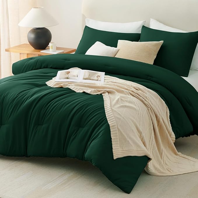 CozyLux Dark Emerald Green Queen Comforter Set, 3 Pieces Solid Breathable - Image 8