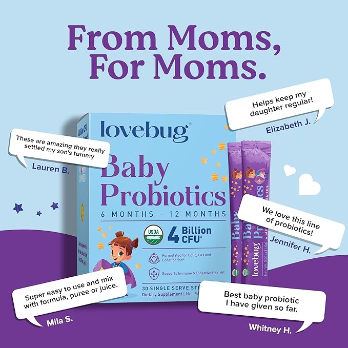 LOVEBUG Probiotics for Babies - Organic Baby Probiotics 6-12 Months for Baby Immune Support, Gas, Colic, Diarrhea & Infant Constipation Relief Sugar-Free, Tasteless Powder, 60 Pack