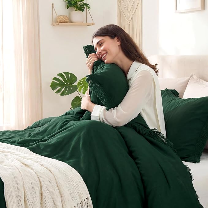 Andency Dark Emerald Green Comforter Set Full, 3 Pieces Boho Lightweight Forest - Image 9
