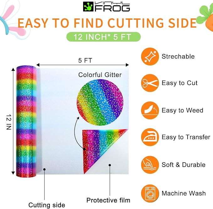 VINYL FROG Rainbow Holographic Heat Transfer Vinyl 12''x5ft Glitter HTV | - Image 2