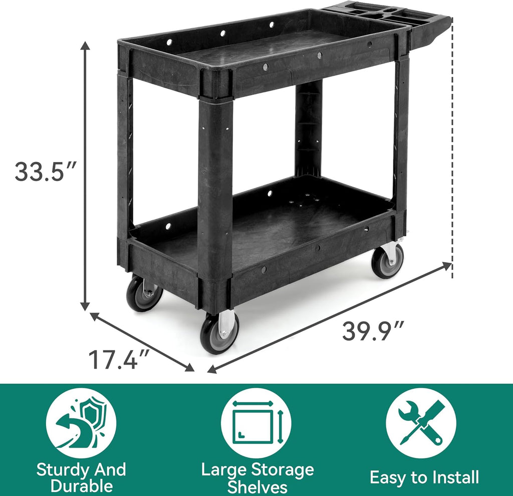YITAHOME Utility Cart on Wheels, Plastic Tool Cart 550 lbs Capacity Service Cart, 40 x 17 Inch 2 Shelf Extra Heavy Duty Rolling Work Carts for Warehouse, Garage, School & Office, Cleaning, Black