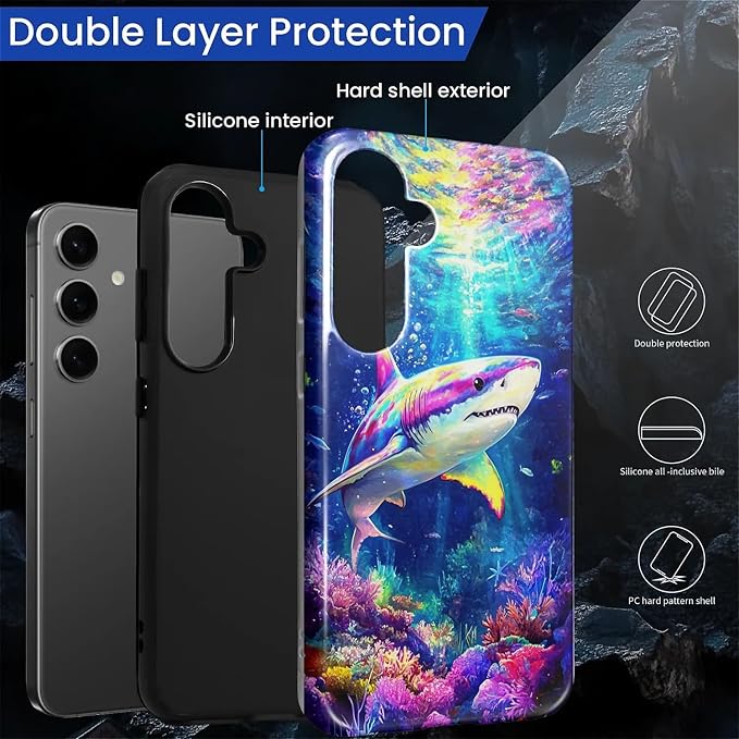 for Samsung Galaxy S25 Plus Case, Colorful Ocean Sharks Pattern Glossy 2 in 1 - Image 3