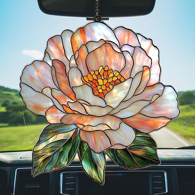 Pastel Pink Peony Acrylic Suncatcher Stained Glass Effect Window Car Hanging - Image 5