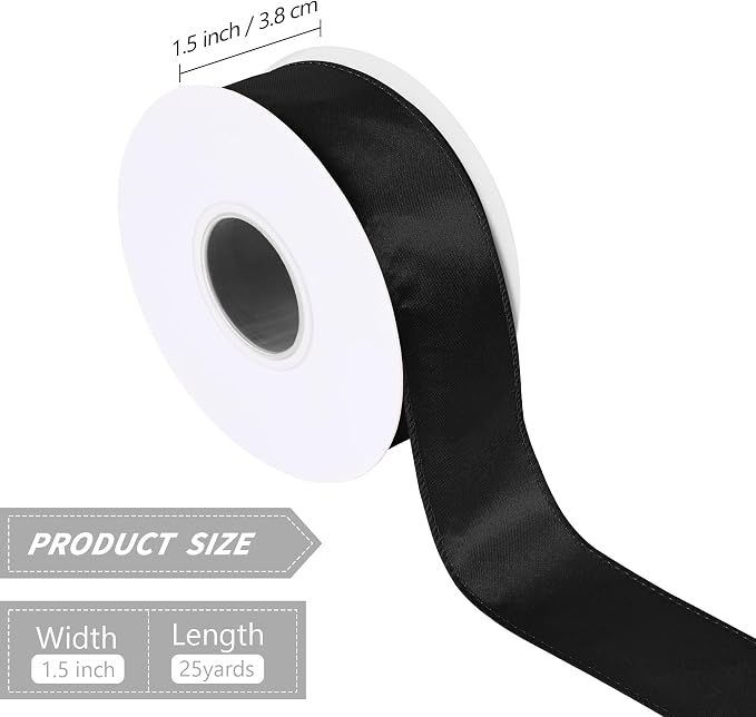 Black 1.5 Inch Continuous 25 Yards Satin Wired Ribbon - Image 2
