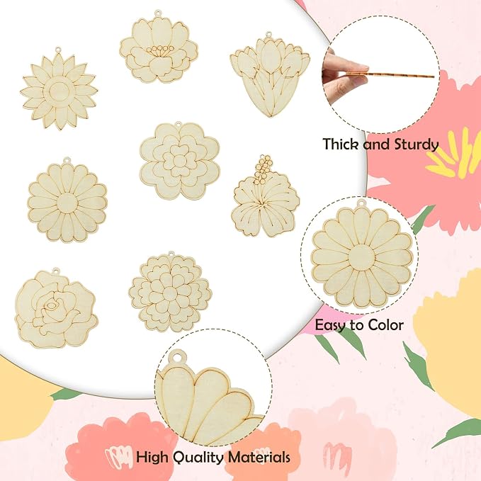 16 pcs Mixed Styles Cute Flower Theme Undyed Wood Cutout Charms Spring - Image 3