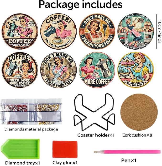 8Pcs Retro Housewife Diamond Art Coasters Kit, Vintage Coffee Diamond Painting - Image 6