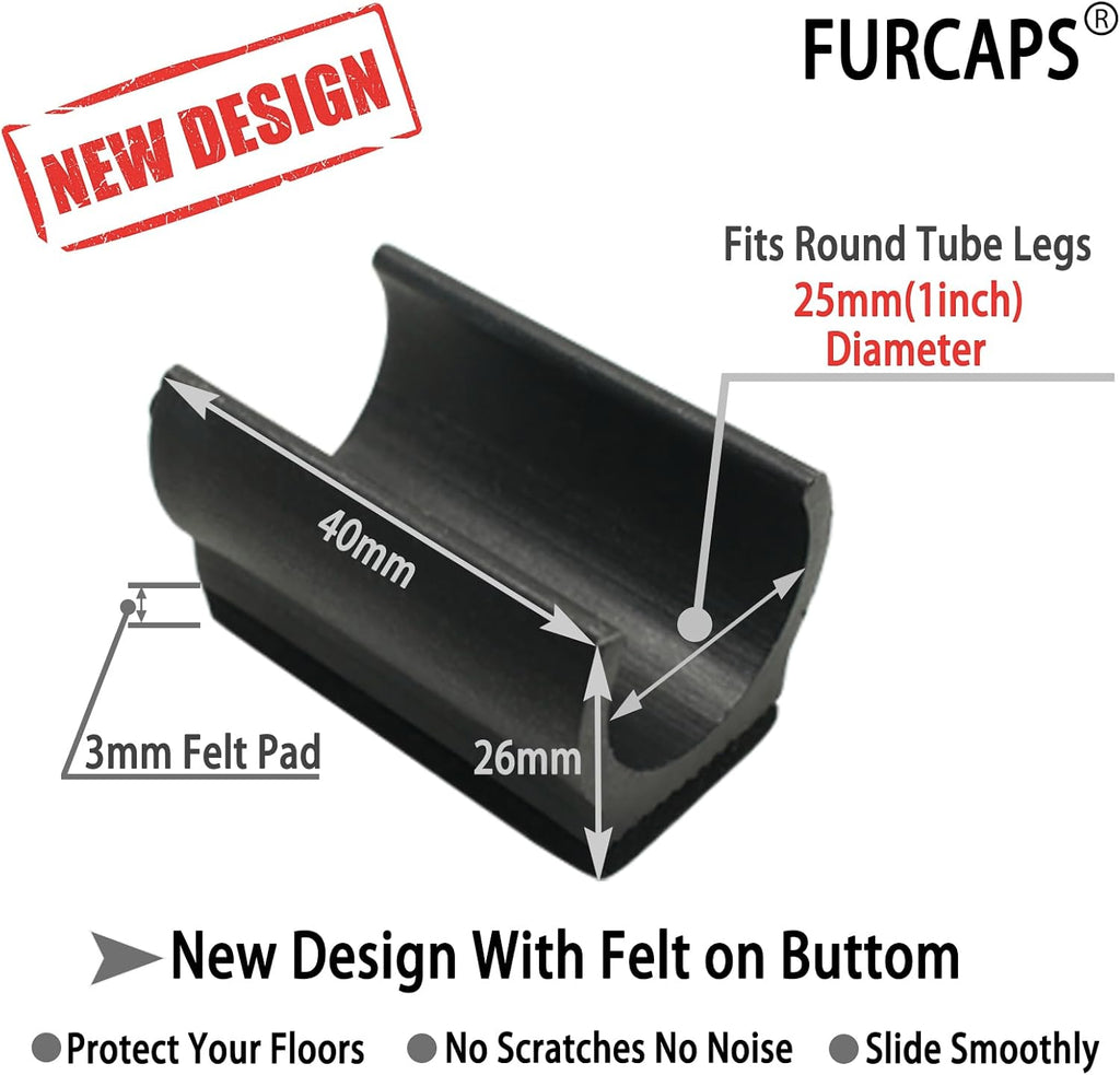 Rectangle U Shaped Chair Leg Tips Cap with Felt Pads,Furniture Feet Protectors Slide Smoothly Glides,Protect Hardwood Floor No Scratches No Noise,Fit 25mm(1 inch) Diameter Tubular Legs (Black 8PCS)