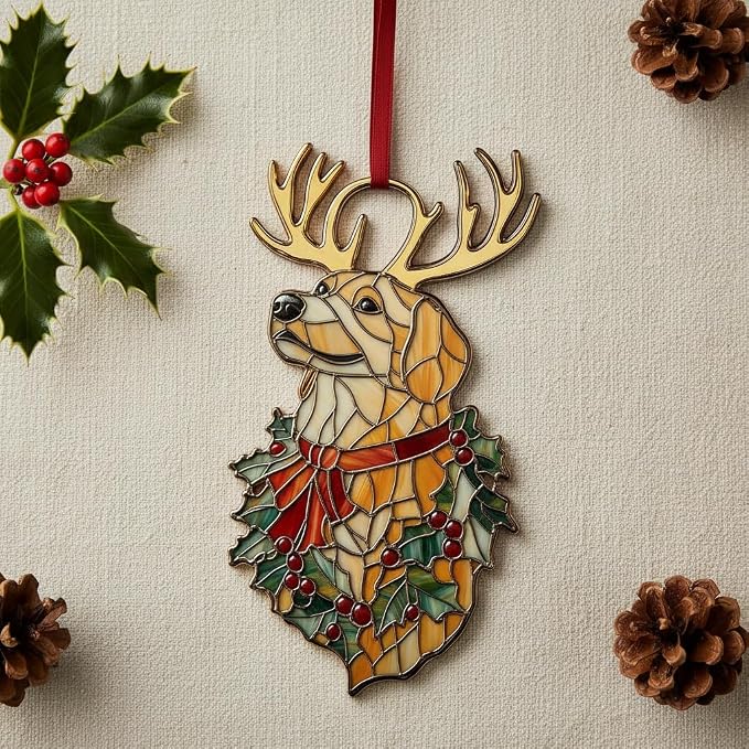 Golden Retriever Reindeer Wreath Acrylic Suncatcher - Image 2