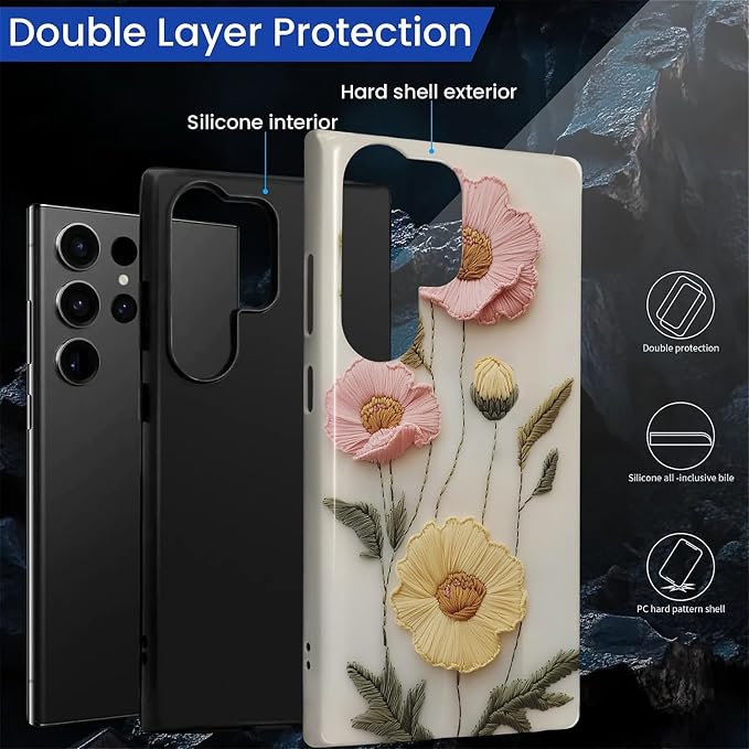 Case for Samsung Galaxy S23 Ultra Case, Faux Embroidery Boho Floral Design - Image 6