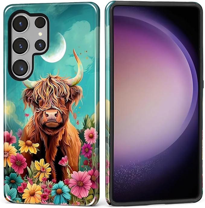 for Samsung Galaxy S25 Ultra Case, Highland Cow Flower Pattern Glossy 2 in 1 by Teonvpu