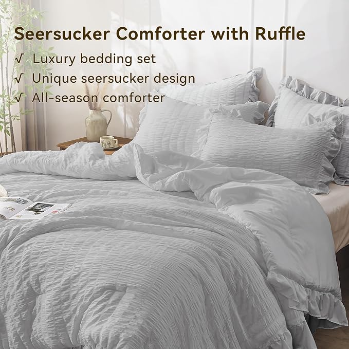 JOLLYVOGUE Light Grey Comforter Full Size, 3 Pieces Seersucker Lightweight Full - Image 4