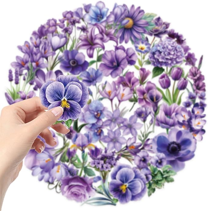 50 Pieces Purple Flower Themed Transparent Stickers - Image 7