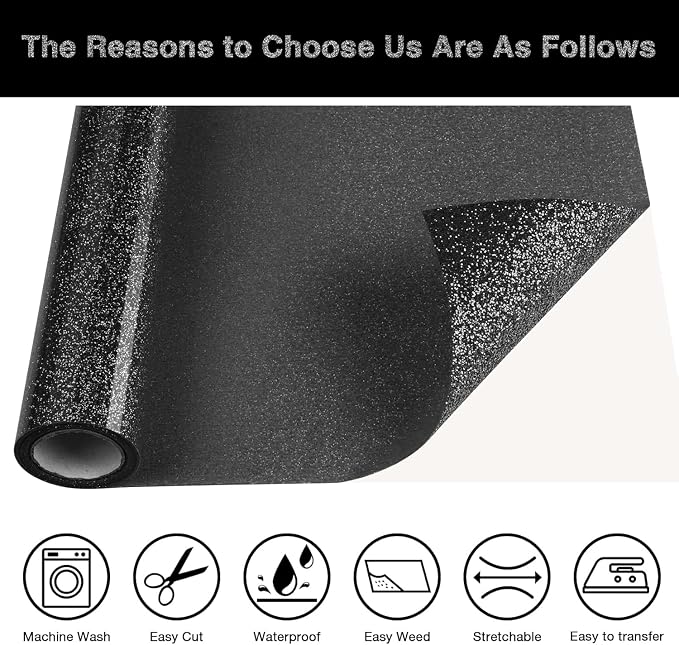 Black Glitter HTV Heat Transfer Vinyl Roll 12inch x 10 ft - Image 3