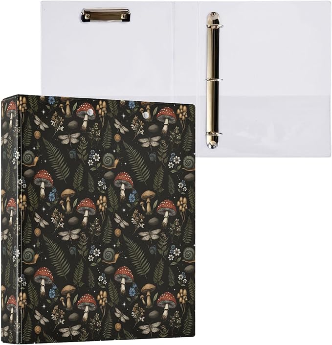 Mushroom Round Ring Binders 1.5 Inch Leaves Flower Berry Daisy 3 Ring Clipboard by Wamika
