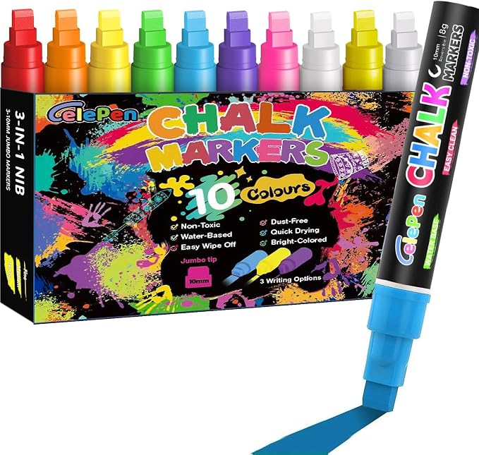 Window Chalk Markers for Cars Glass Washable, 10 Colors Jumbo Liquid Chalk by Celepen